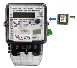 A single-phase digital electric meter with a transparent lower casing showing the connection terminals. The meter has an LCD display at the top and appears to be manufactured by SSTR/Sun Star Industries. To the right of the meter is a small green circuit board or communication module with an arrow pointing from it to the meter, suggesting it's a wireless connectivity component that can be integrated with the device. This appears to be a smart utility meter designed for remote monitoring and data collection.
